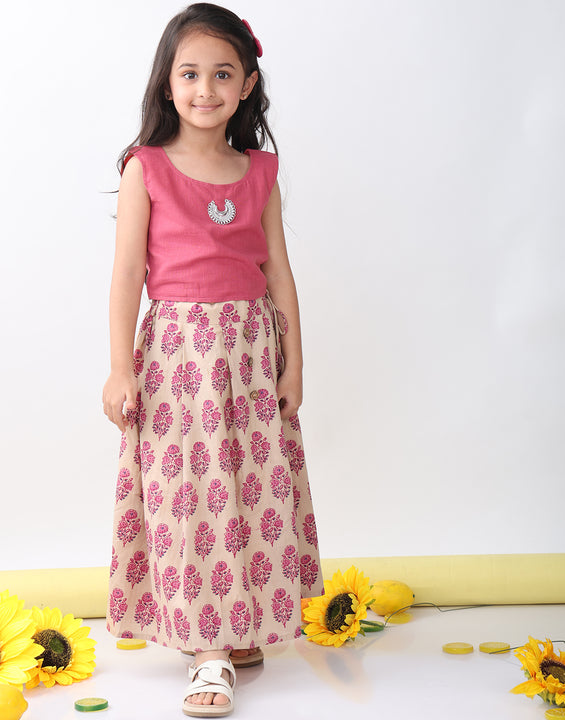 Pink Floral printed Lehenga with pink plain top and hanging