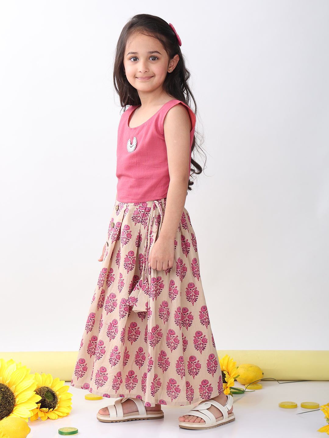 Pink Floral printed Lehenga with pink plain top and hanging