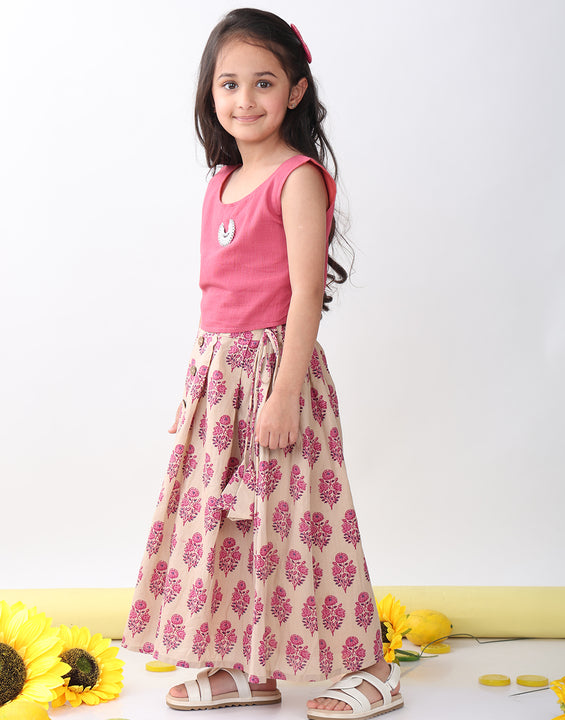 Pink Floral printed Lehenga with pink plain top and hanging