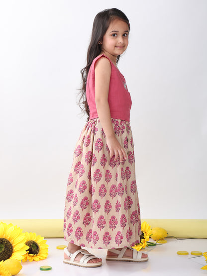 Pink Floral printed Lehenga with pink plain top and hanging