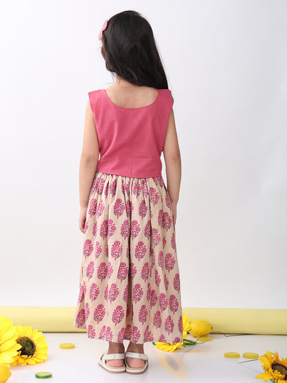 Pink Floral printed Lehenga with pink plain top and hanging