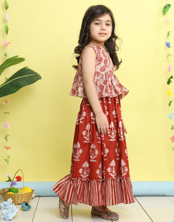 Red sleeveless floral printed  lehenga  set