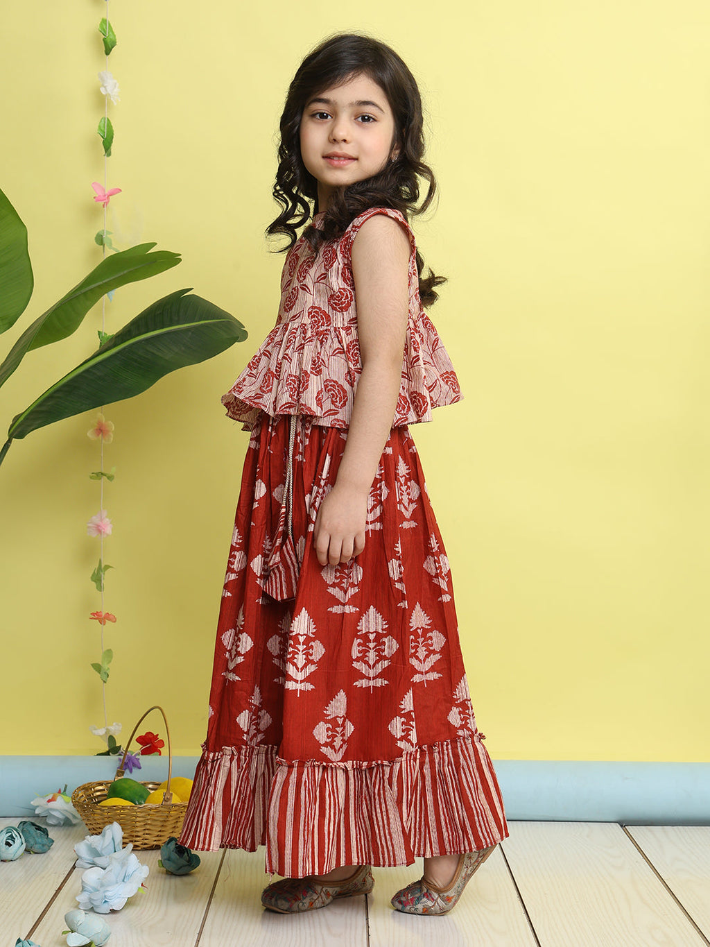 Red sleeveless floral printed  lehenga  set