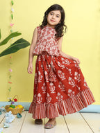 Red sleeveless floral printed  lehenga  set