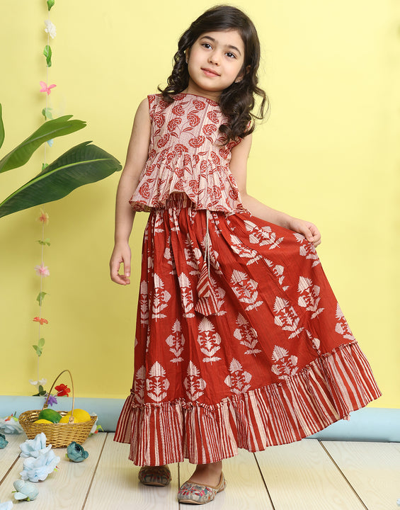 Red sleeveless floral printed  lehenga  set
