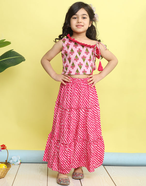 Pink sleeveless floral printed top with Pink Lehriya Skirt