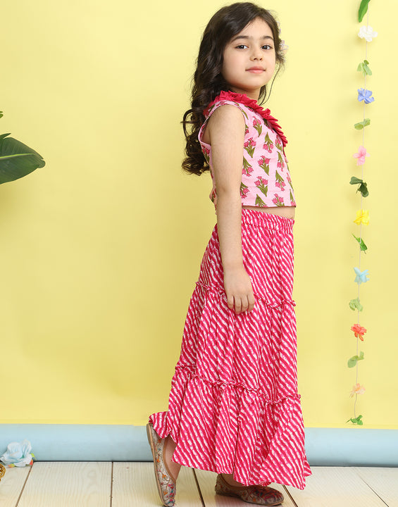 Pink sleeveless floral printed top with Pink Lehriya Skirt