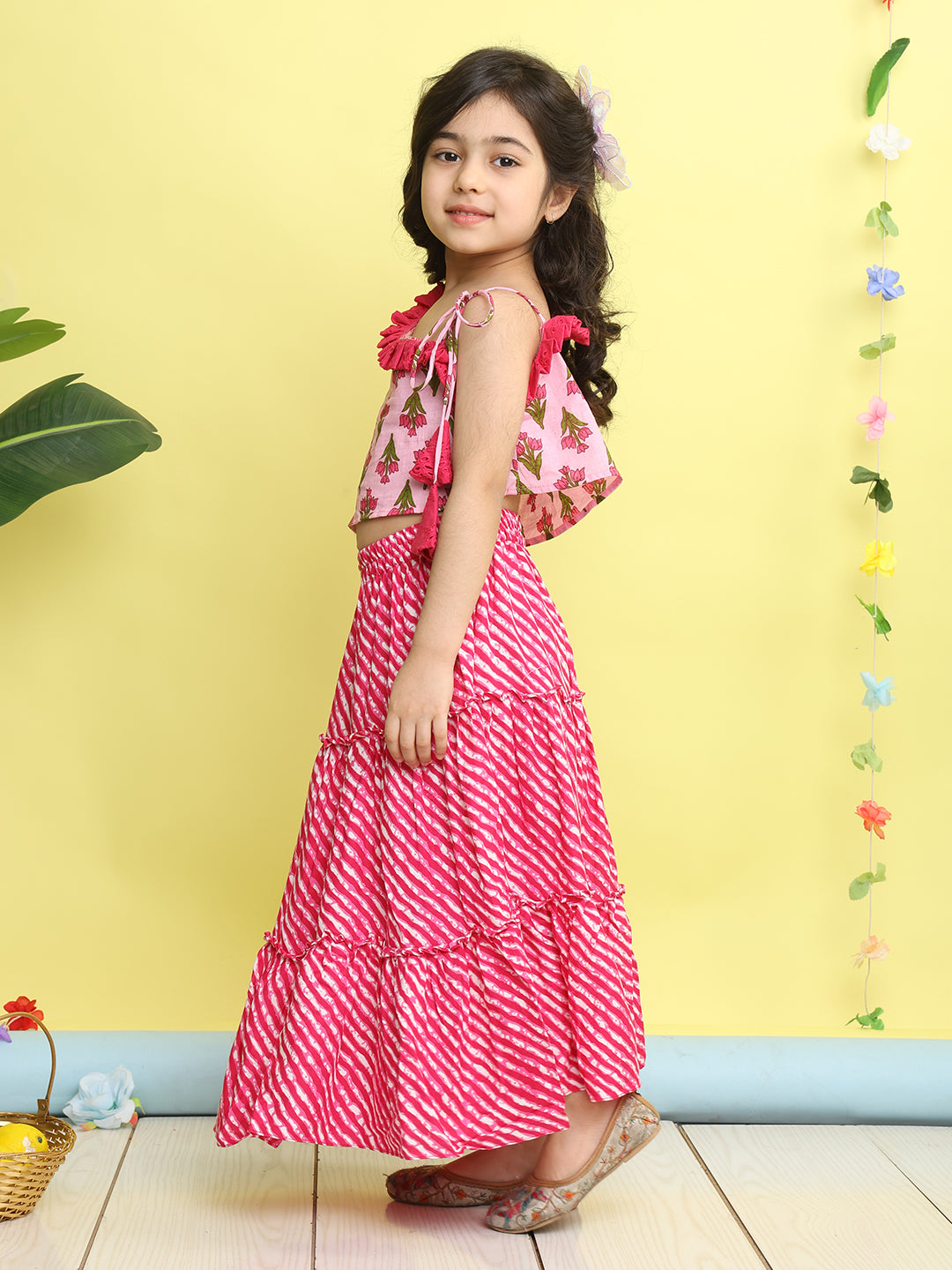 Pink sleeveless floral printed top with Pink Lehriya Skirt