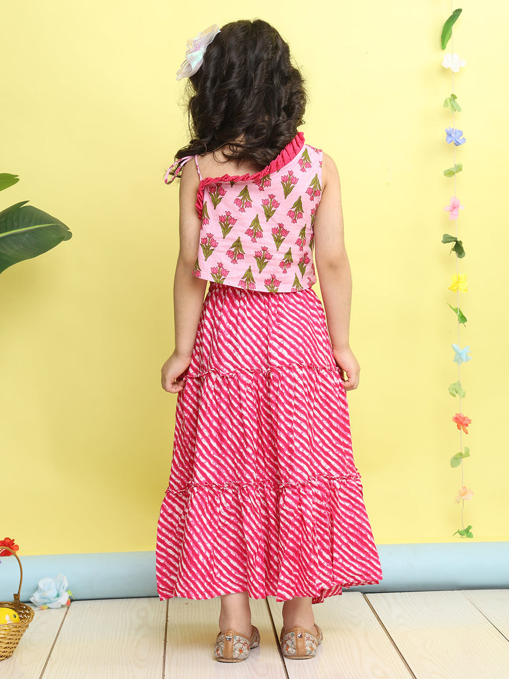 Pink sleeveless floral printed top with Pink Lehriya Skirt