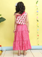 Pink sleeveless floral printed top with Pink Lehriya Skirt