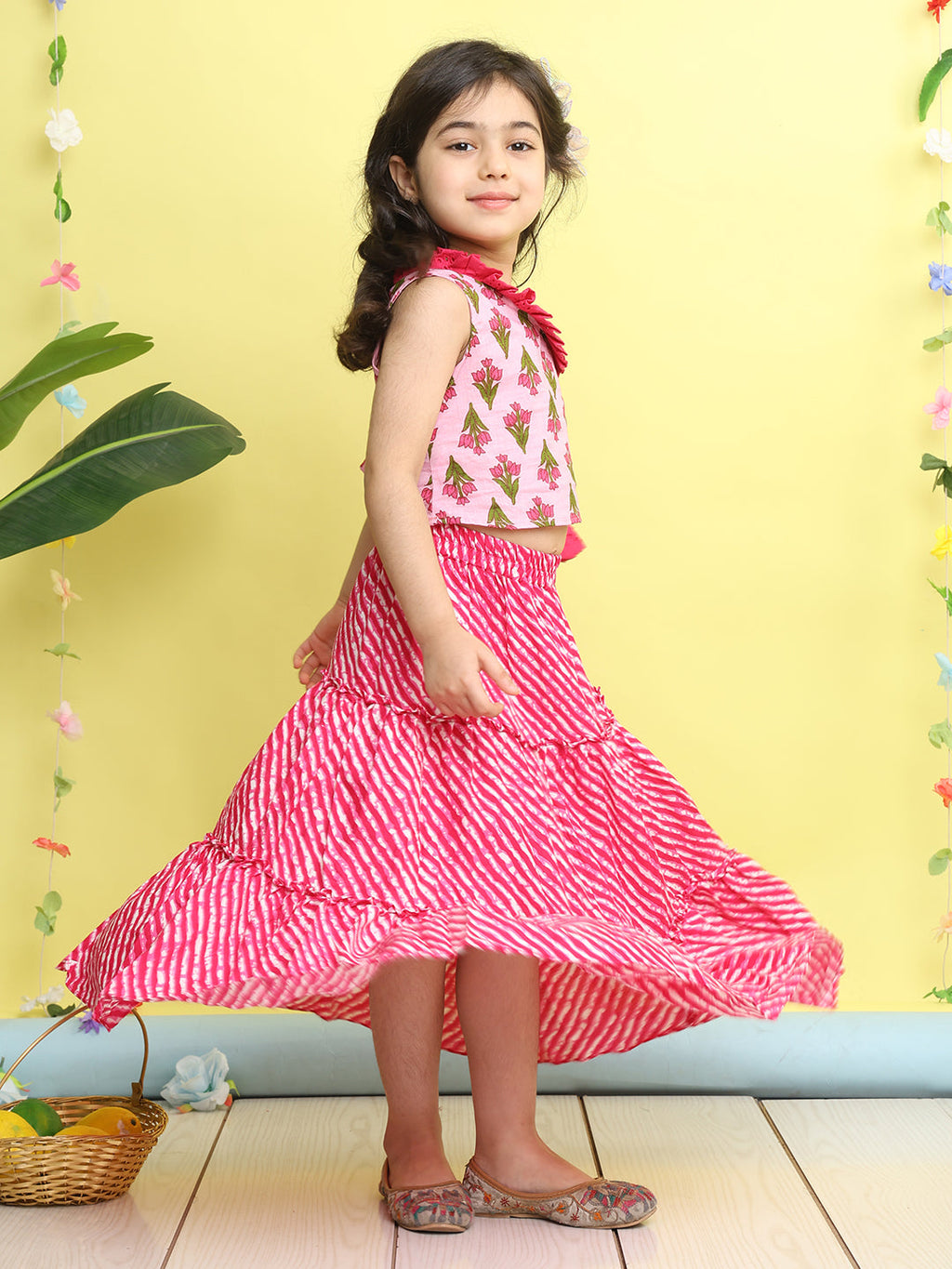 Pink sleeveless floral printed top with Pink Lehriya Skirt