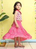 Pink sleeveless floral printed top with Pink Lehriya Skirt