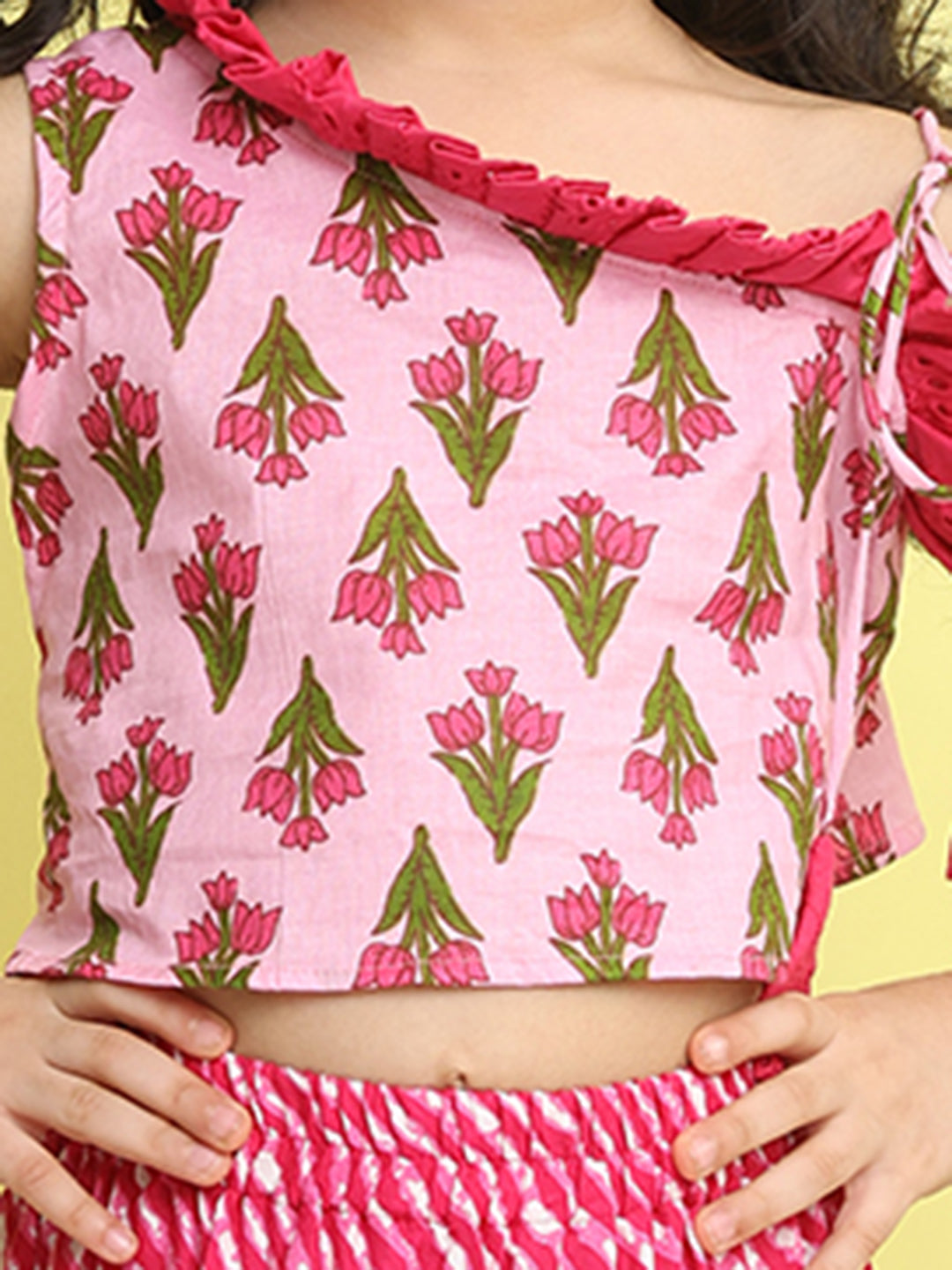Pink sleeveless floral printed top with Pink Lehriya Skirt