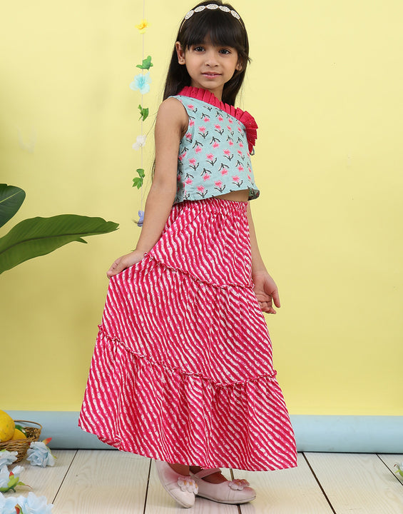Green sleeveless floral printed top with Pink Lehriya Skirt