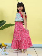 Green sleeveless floral printed top with Pink Lehriya Skirt