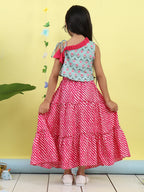 Green sleeveless floral printed top with Pink Lehriya Skirt