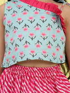 Green sleeveless floral printed top with Pink Lehriya Skirt