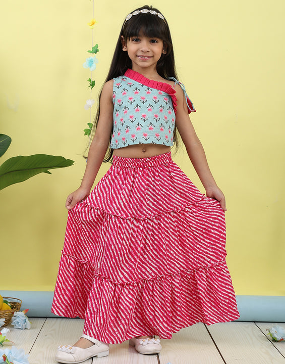 Green sleeveless floral printed top with Pink Lehriya Skirt