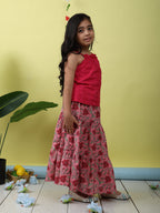 Pink sleeveless tie on hakoba top with Pink floral printed Skirt