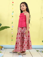 Pink sleeveless tie on hakoba top with Pink floral printed Skirt