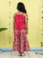 Pink sleeveless tie on hakoba top with Pink floral printed Skirt