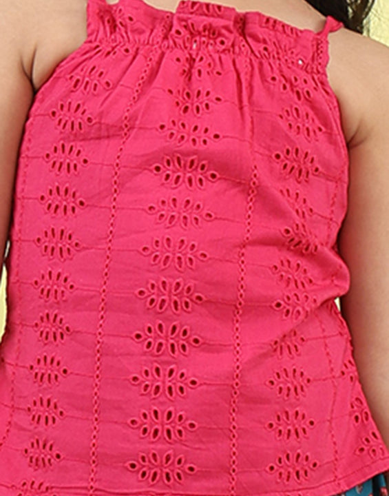 Pink sleeveless tie on hakoba top with blue floral printed Skirt