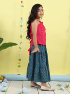 Pink sleeveless tie on hakoba top with blue floral printed Skirt