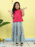 Pink sleeveless tie on hakoba top with Green floral printed Skirt
