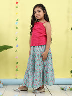 Pink sleeveless tie on hakoba top with Green floral printed Skirt