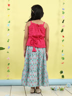 Pink sleeveless tie on hakoba top with Green floral printed Skirt