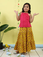 Pink sleeveless tie on hakoba top with Yellow floral printed Skirt