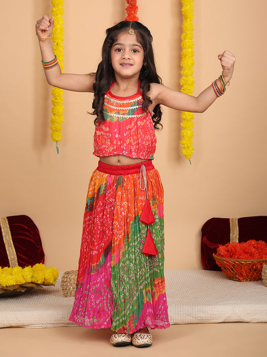 Multi Color bandez printed  sleeveless lehenga set