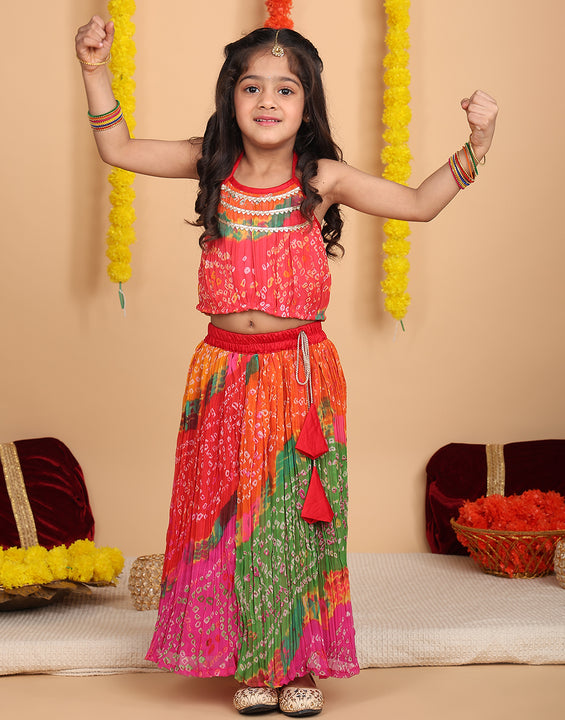 Multi Color bandez printed  sleeveless lehenga set
