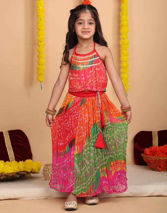 Multi Color bandez printed  sleeveless lehenga set