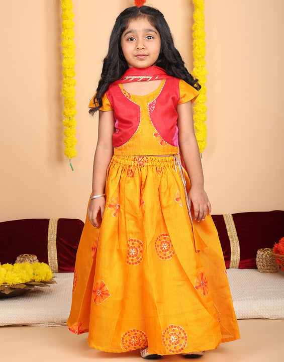 Yellow Short Sleeves Kota Printed lehenga with dupatta