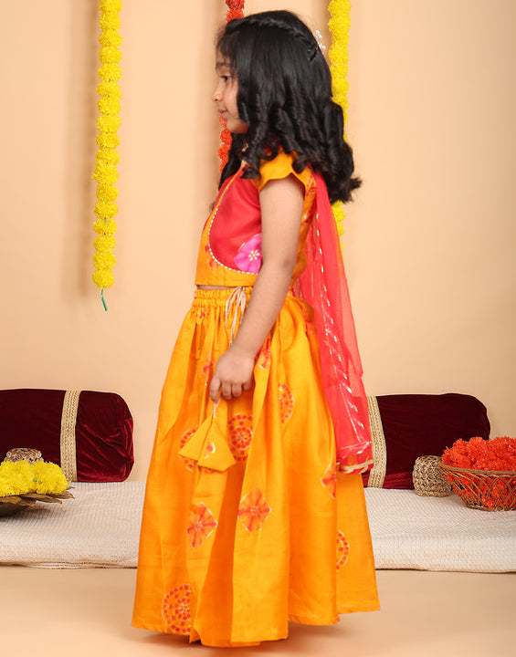 Yellow Short Sleeves Kota Printed lehenga with dupatta