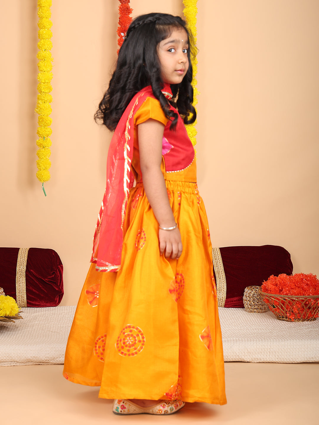 Yellow Short Sleeves Kota Printed lehenga with dupatta