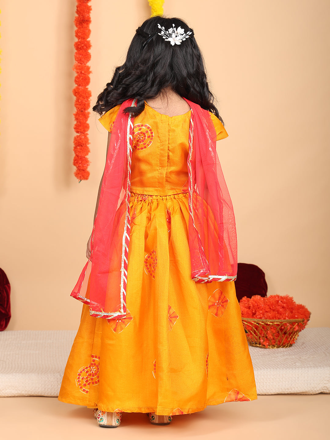 Yellow Short Sleeves Kota Printed lehenga with dupatta