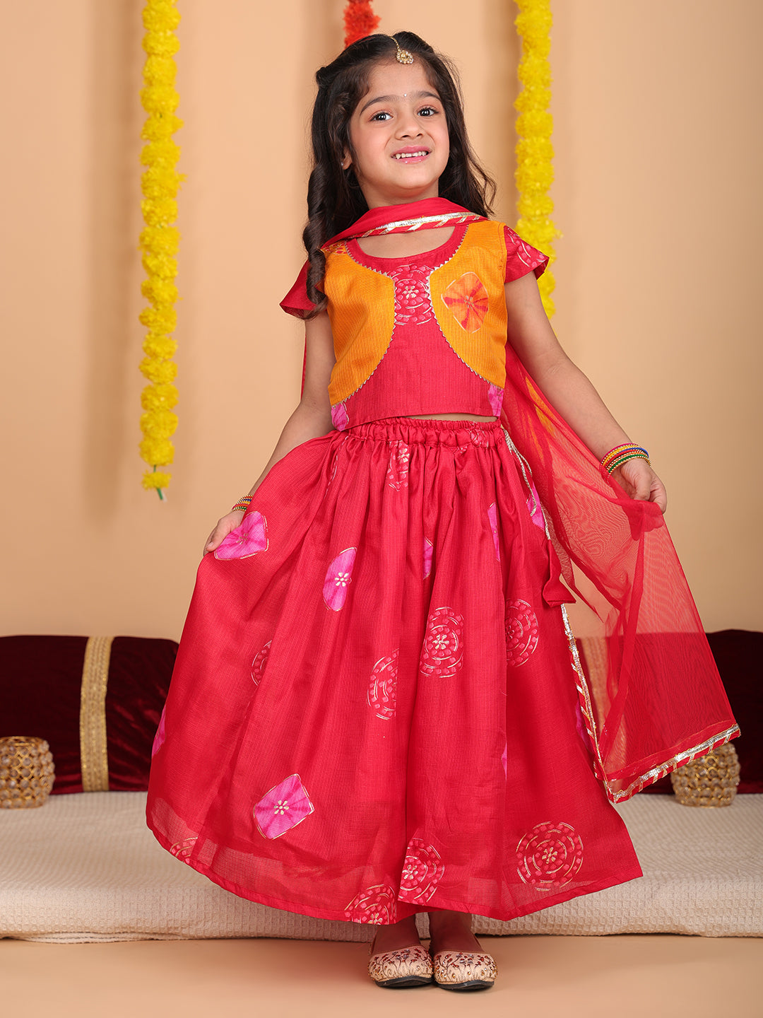 Red Short Sleeves Kota Printed lehenga with dupatta