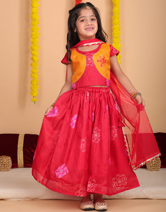 Red Short Sleeves Kota Printed lehenga with dupatta