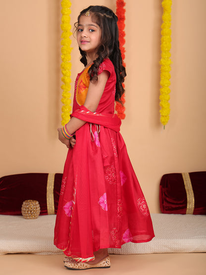 Red Short Sleeves Kota Printed lehenga with dupatta