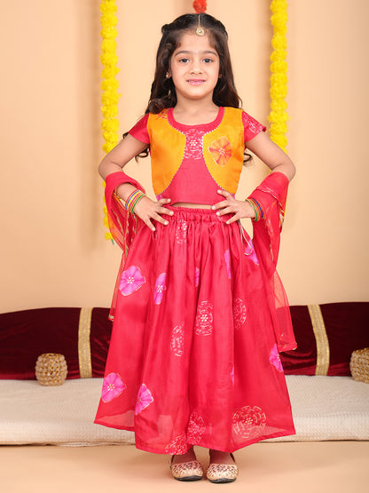 Red Short Sleeves Kota Printed lehenga with dupatta