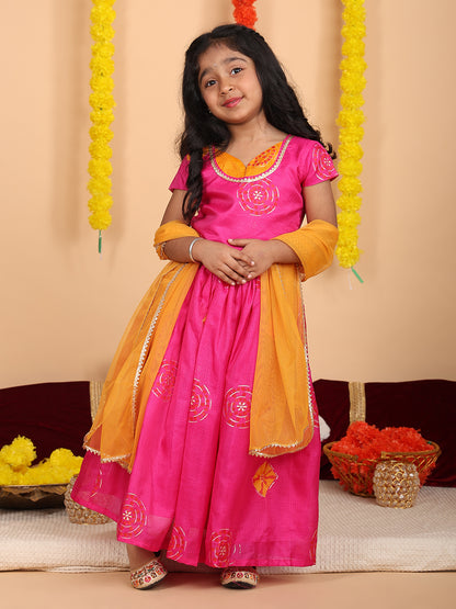 Pink Short Sleeves Kota Printed lehenga with dupatta