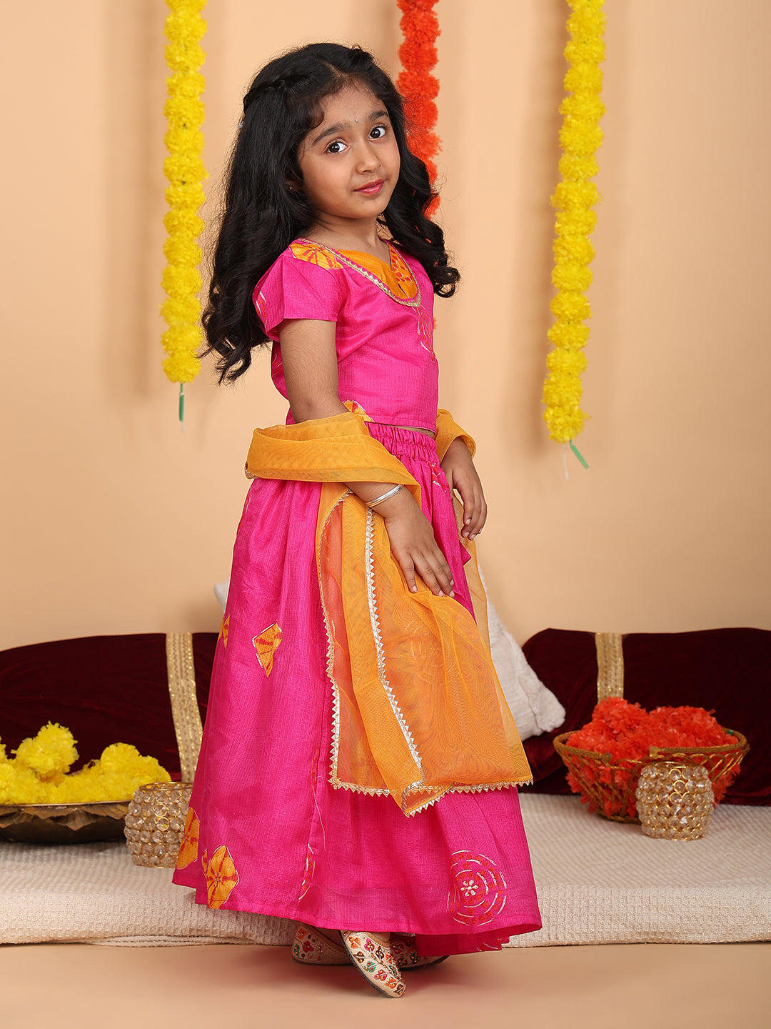 Pink Short Sleeves Kota Printed lehenga with dupatta