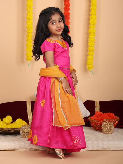 Pink Short Sleeves Kota Printed lehenga with dupatta