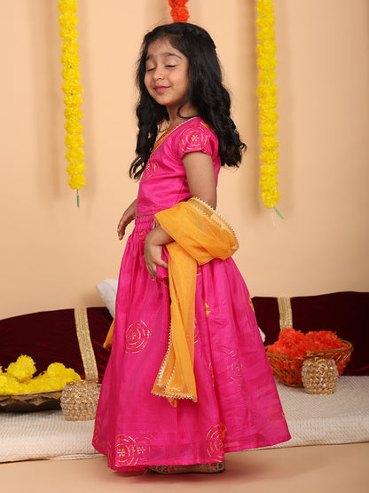 Pink Short Sleeves Kota Printed lehenga with dupatta