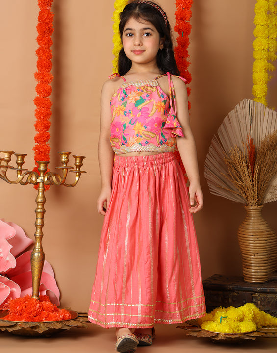 Pink Printed sleeveless top with pink golden lehenga