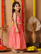 Pink Printed sleeveless top with pink golden lehenga