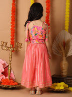 Pink Printed sleeveless top with pink golden lehenga