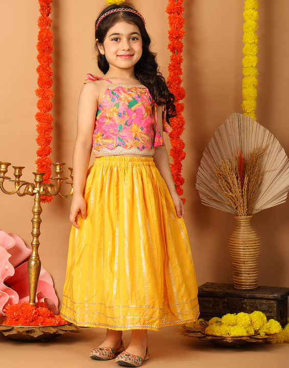 Pink Printed sleeveless top with Yellow golden lehenga